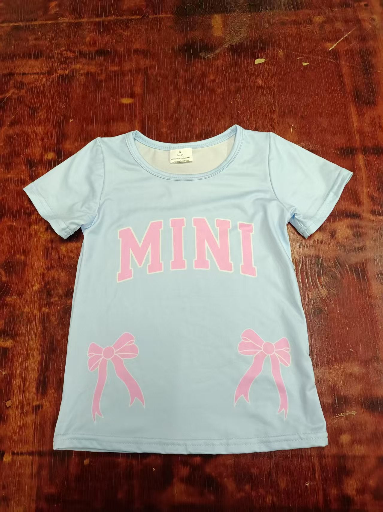 Preorder moq 5 Baby Girls Light Blue Short Sleeves Pink MINI Bows Tee Shirts Top