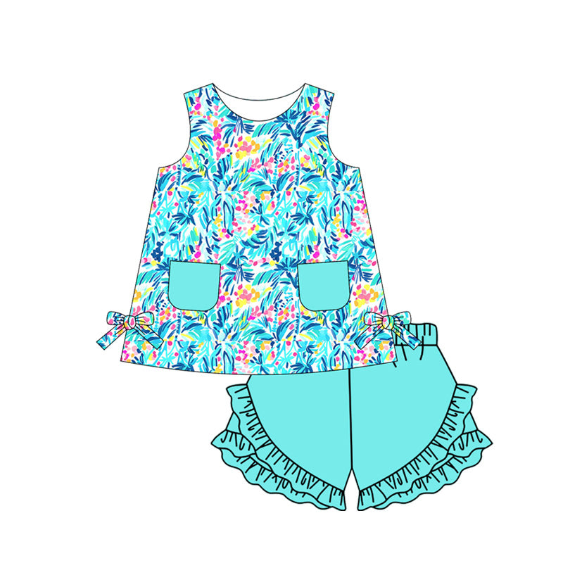 Preorder (moq 5)Baby Girls Aqua Leaves Tunic Top Ruffle Shorts Clothes Sets