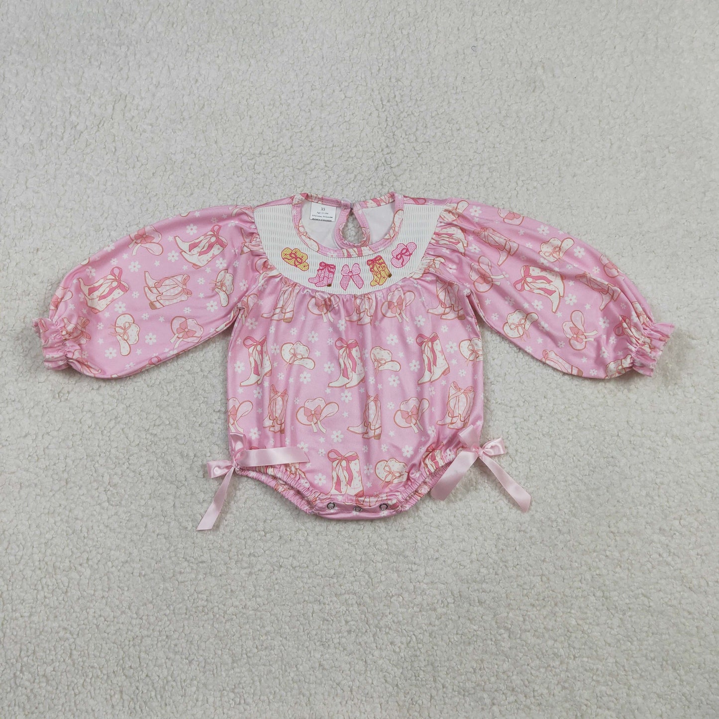 Smocked Boots Bows Baby Girls Pink Flowers Western Ruffle Rompers