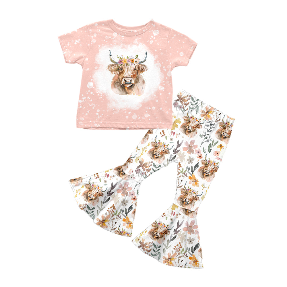 Baby Girls Pink Highland Cow Short Sleeve Shirt Top Flowers Bell Pants Clothes Sets preorder(moq 5)