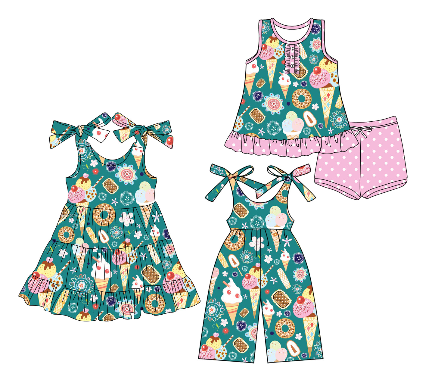 Preorder moq 5 Custom Baby Girls Green Ice Cream Button Tunic Pink Polka Dots Short Set Knee Length Dress Jumpsuits