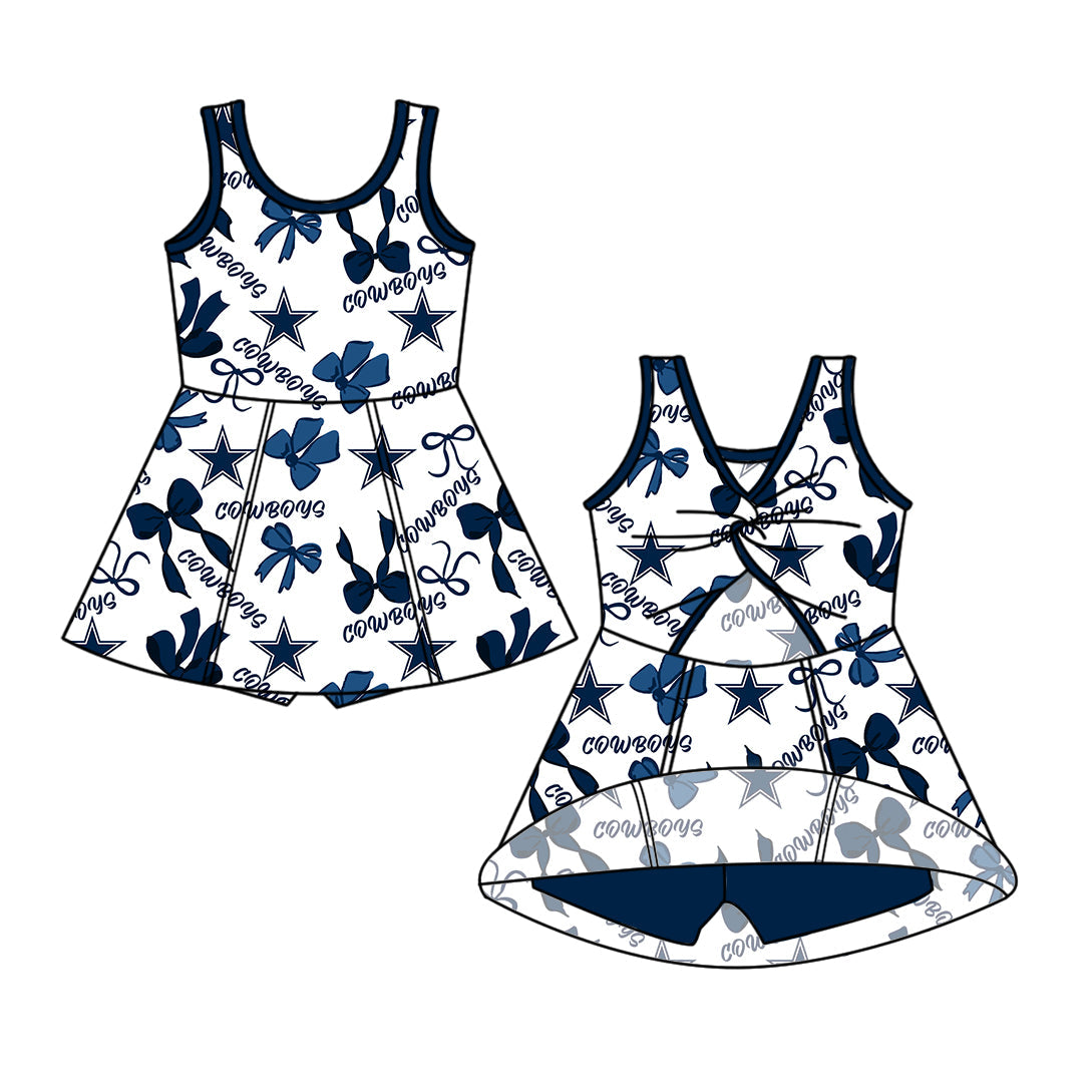 Preorder (moq 5)Baby Girls Sleeveless Bows Cowboys Team Shorts Knee Length Dress