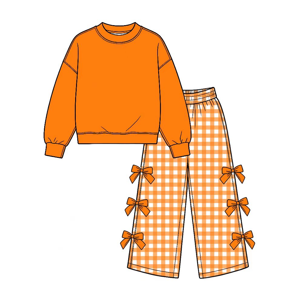 Preorder (moq 5) Baby Girl Clothes Solid Orange Top Gingham Check Bow Decor Long Sleeve Wide Leg Pant Set