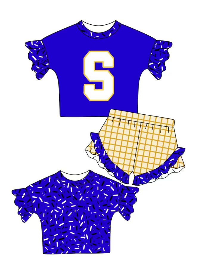 Preorder (moq 5)Baby Girls Hot Blue Back Sprinkles S Top Checked Ruffle Shorts Team Clothes Set
