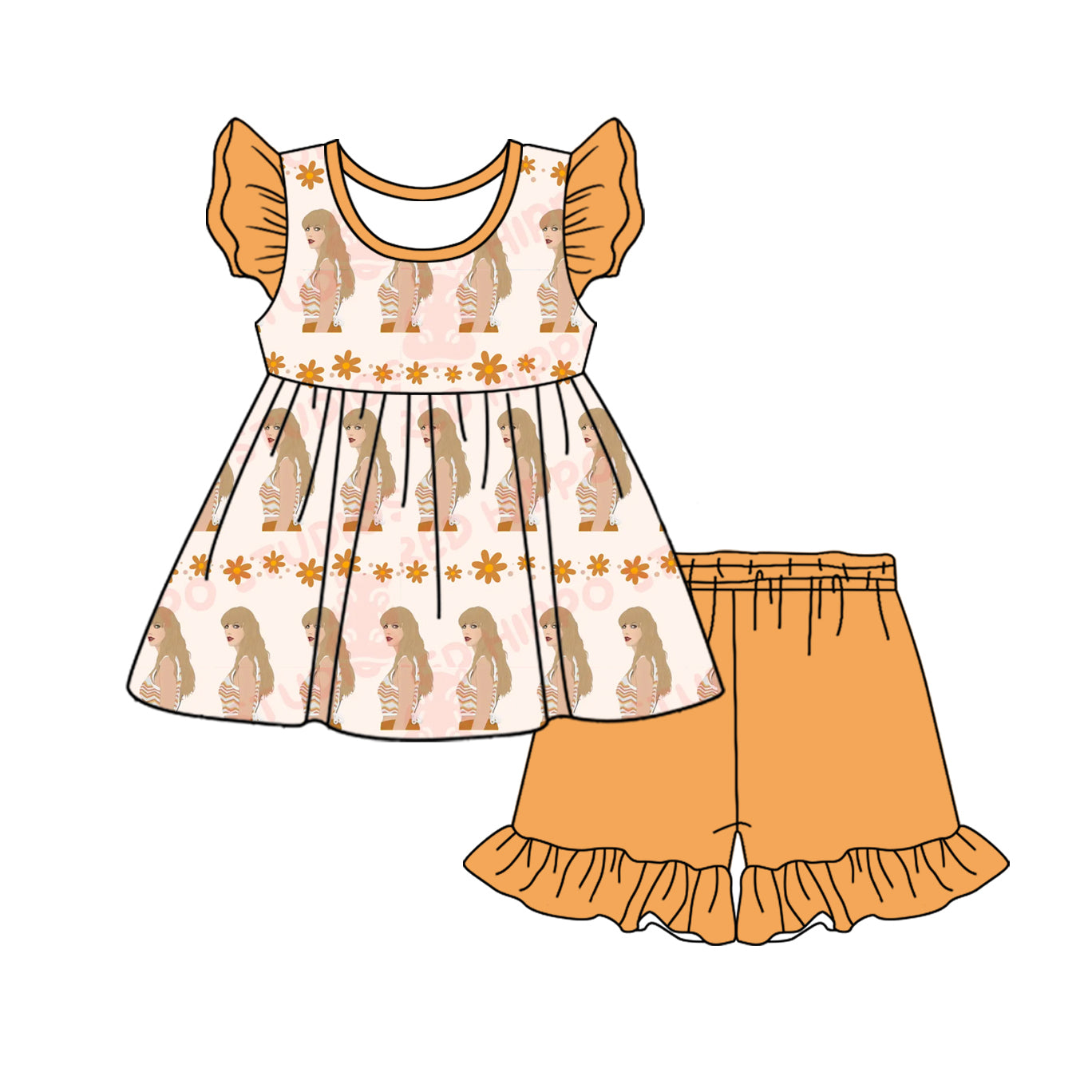 Preorder (moq 5)Baby Girls Singer Orange Tunic Top Ruffle Shorts Clothes Sets