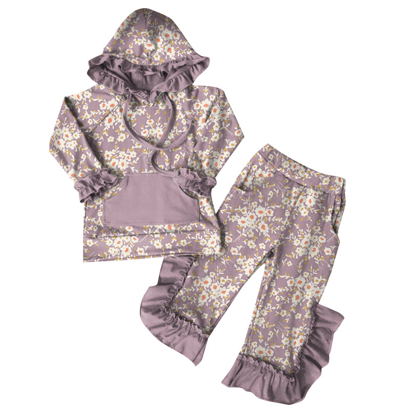 Preorder (moq 5)Baby Girls Purple Flowers Hoodies Top Ruffle Pant Sets