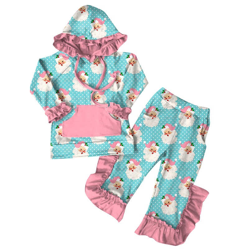 Preorder (moq 5)Baby Girls Christmas Santa Hoodies Top Ruffle Pant Sets