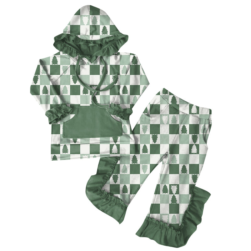Preorder (moq 5)Baby Girls Christmas Green Trees Hoodies Top Ruffle Pant Sets