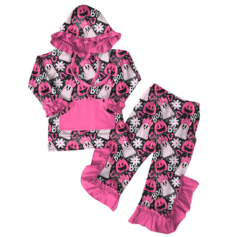Preorder (moq 5)Baby Girls Fall Pink Ghost Pumpkins Hoodies Top Ruffle Pant Sets
