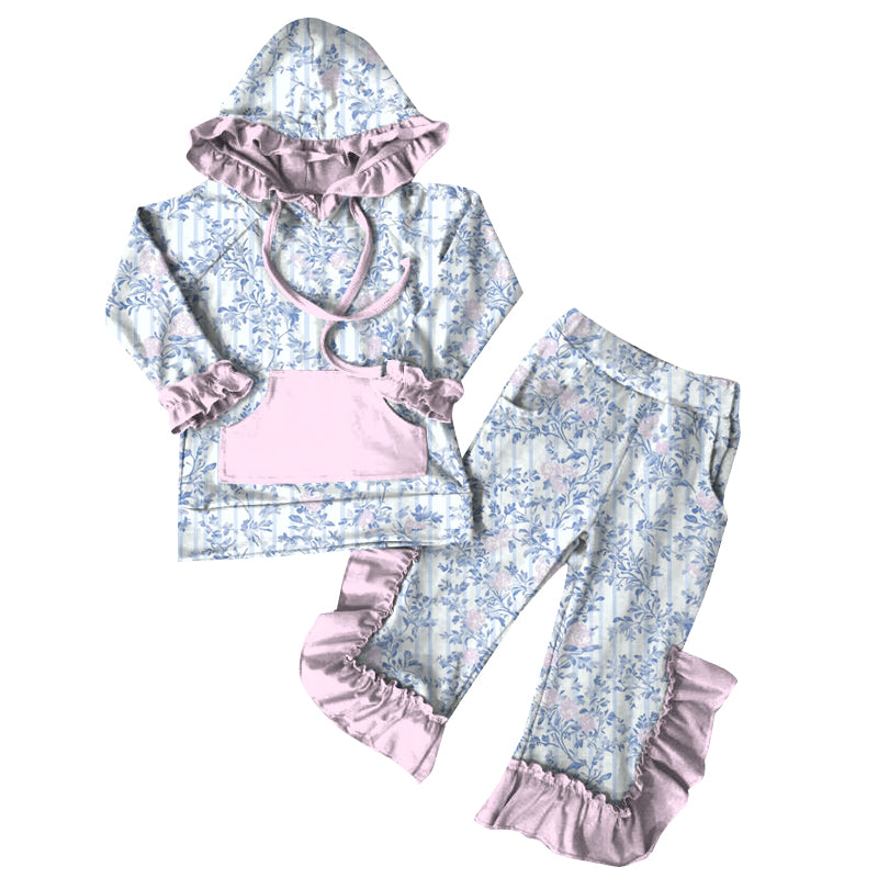 Preorder (moq 5)Baby Girls Blue Pink Flowers Hoodies Top Ruffle Pant Sets