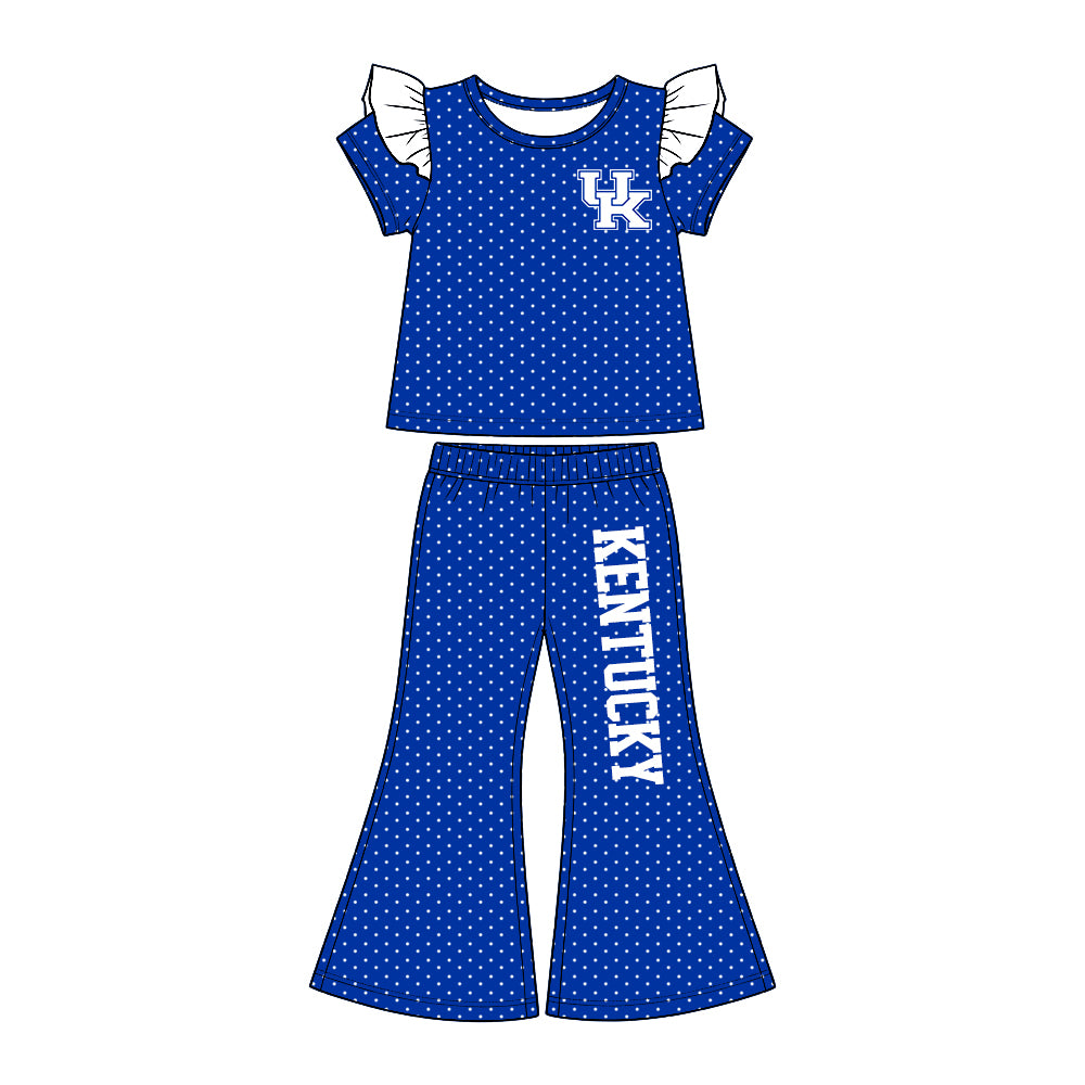 Preorder (moq5) Baby Girls Kentucky Polka Dots Flutter Sleeve Top Flare Pants Team Clothes Set