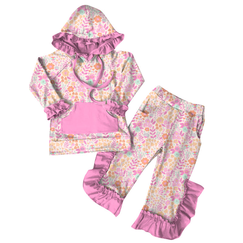 Preorder (moq 5)Baby Girls Pink Flowers Hoodies Top Ruffle Pant Sets