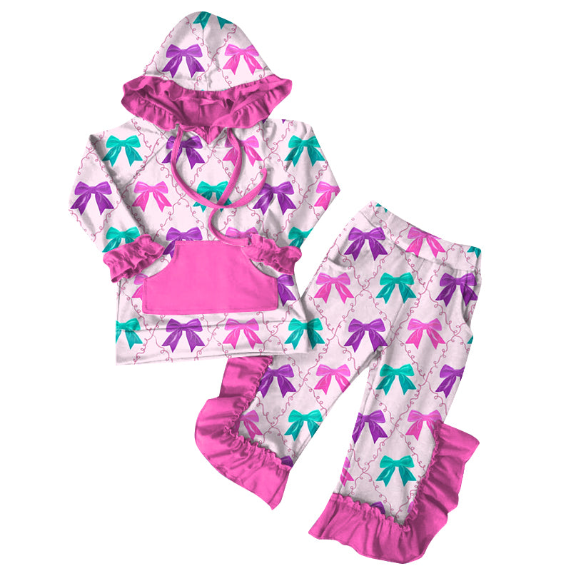 Preorder (moq 5)Baby Girls Pink Bows Hoodies Top Ruffle Pant Sets