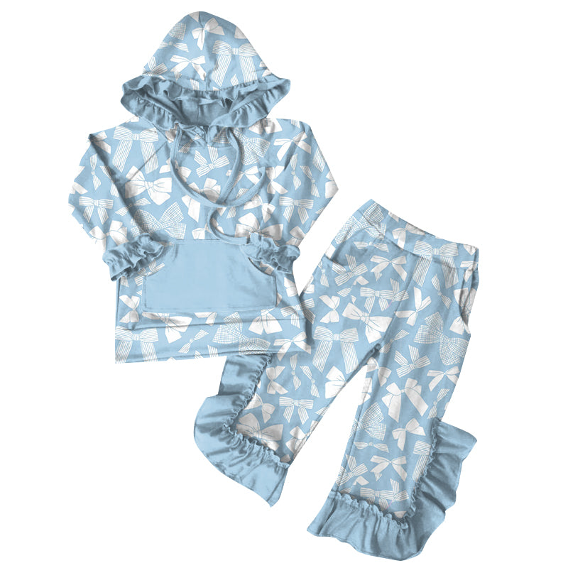 Preorder (moq 5)Baby Girls Blue Bows Hoodies Top Ruffle Pant Sets