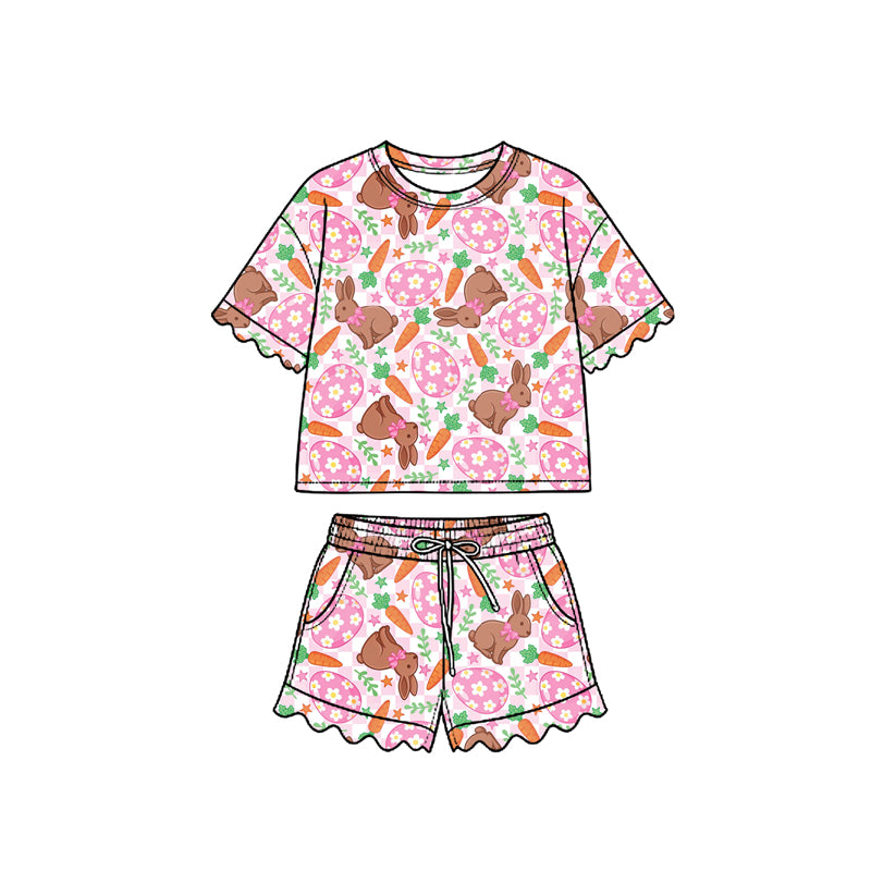 Preorder (moq 5) Baby Girl Clothes Easter Bunny Carrot Floral Egg Checkered Mixed Print Short Sleeve Ruffle Short Set