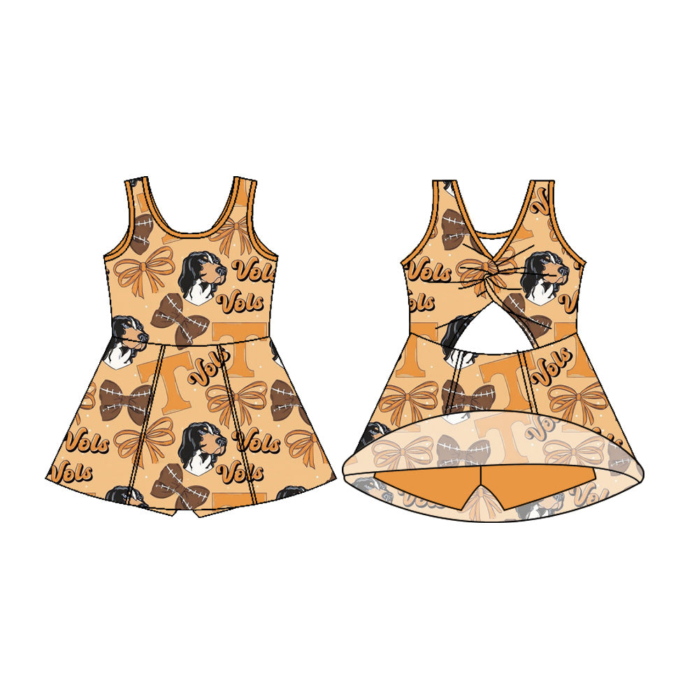 Preorder (moq 5)Baby Girls Sleeveless Football Bows Dogs T Shorts Team Knee Length Dress