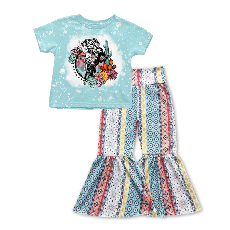Baby Girls Western Rodeo Cactus Shirt Tops Bell Pants Clothes Sets preorder(moq 5)