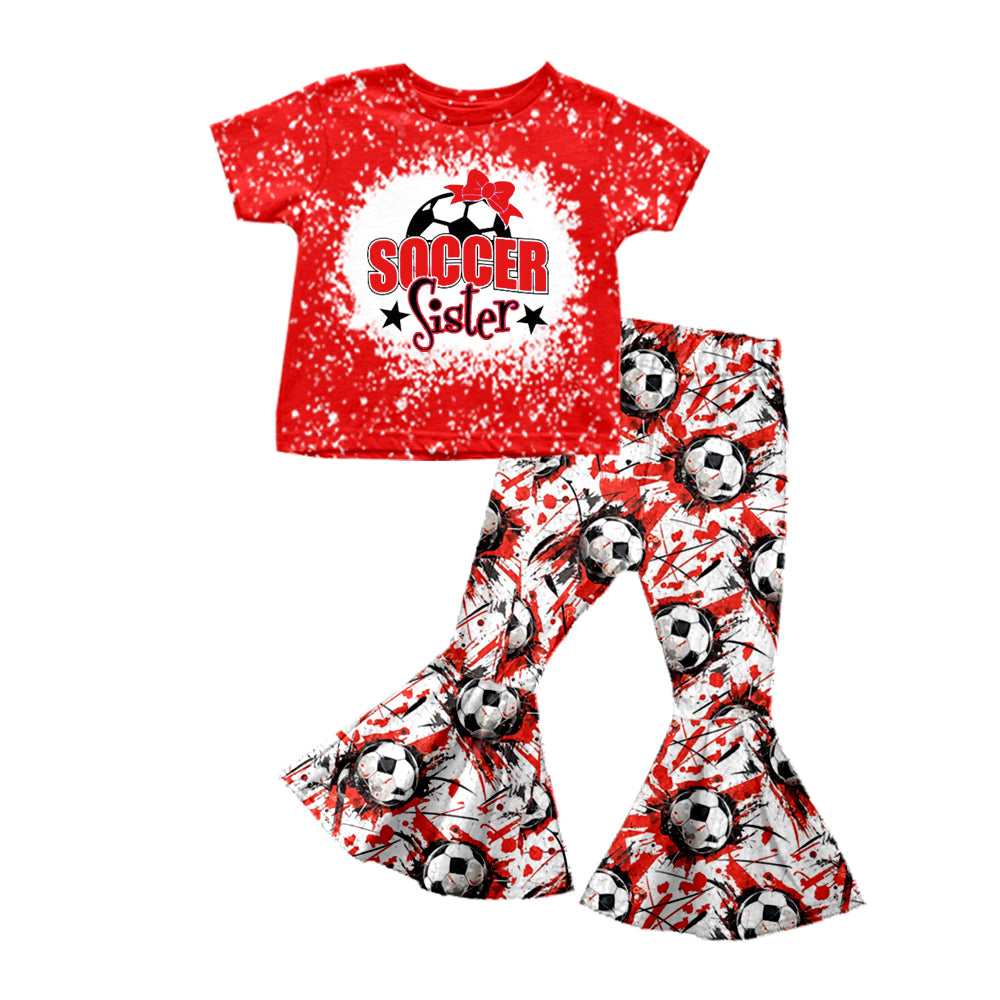 Baby Girls Red Soccer Sister Shirt Top Bell Pants Clothes Sets preorder(moq 5)
