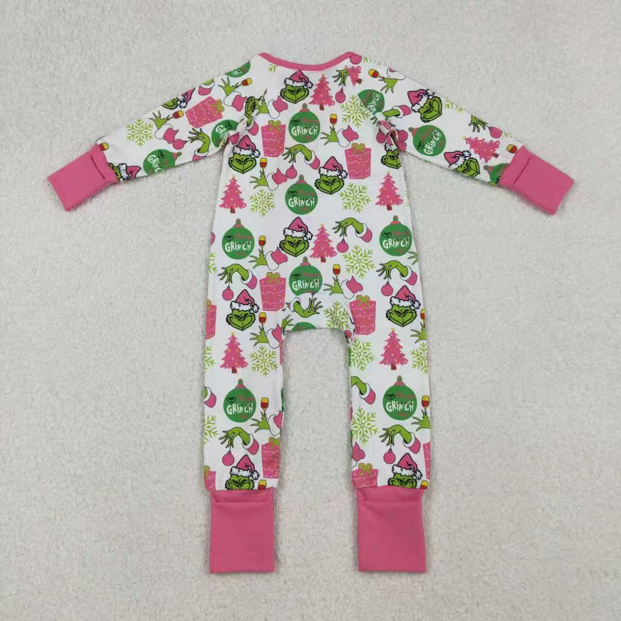 Sibling Baby Girls Green Faces Trees Lights Christmas Ruffle Knee Length Dress Pajamas Sets Footie Rompers