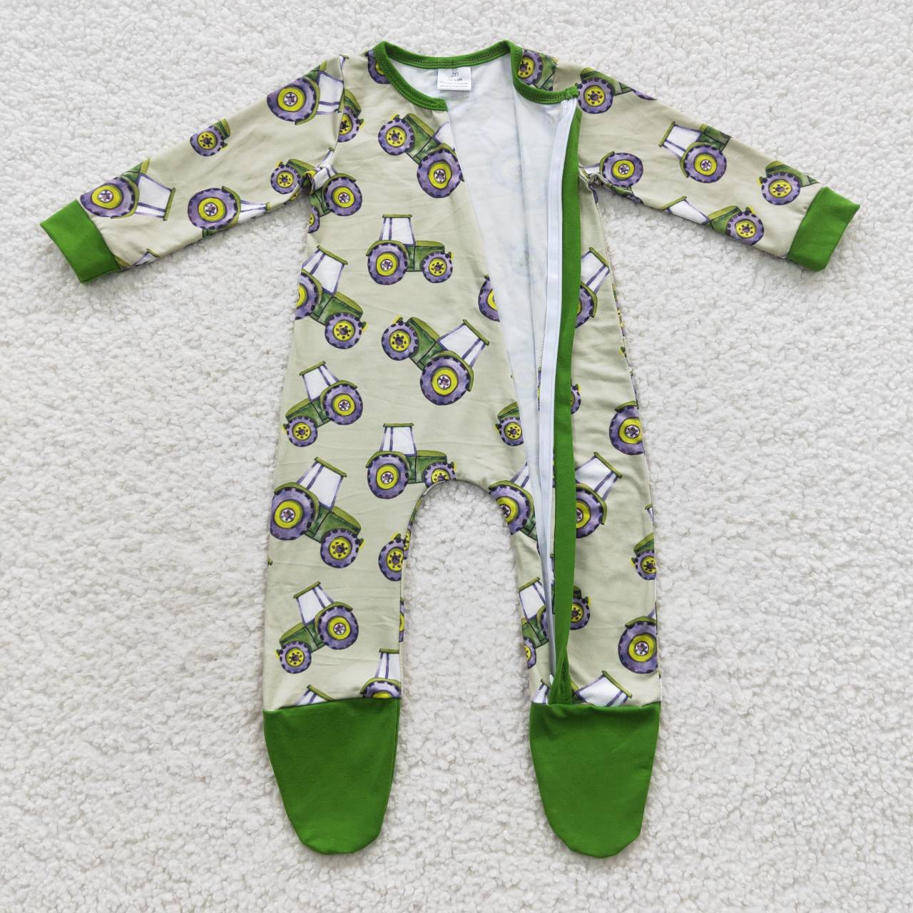 Baby Boys Green Tractors Print Farm Zipper Footed Rompers