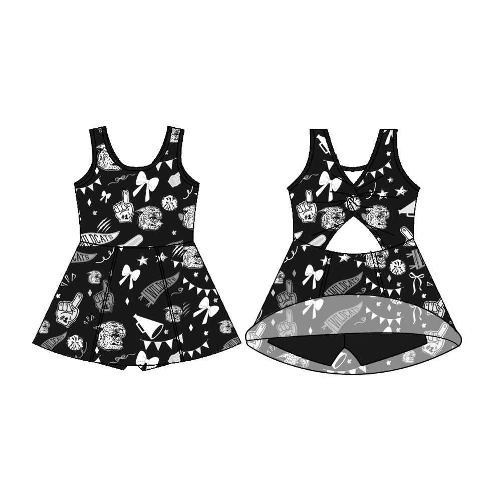 Preorder (moq 5)Baby Girls Sleeveless Black Wildcats Football Team Shorts Team Dresses