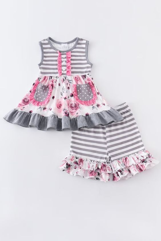 Baby Girls Grey Stripes Floral Pockets Tunic Top Ruffle Shorts Clothes Sets order preorder (moq 5)