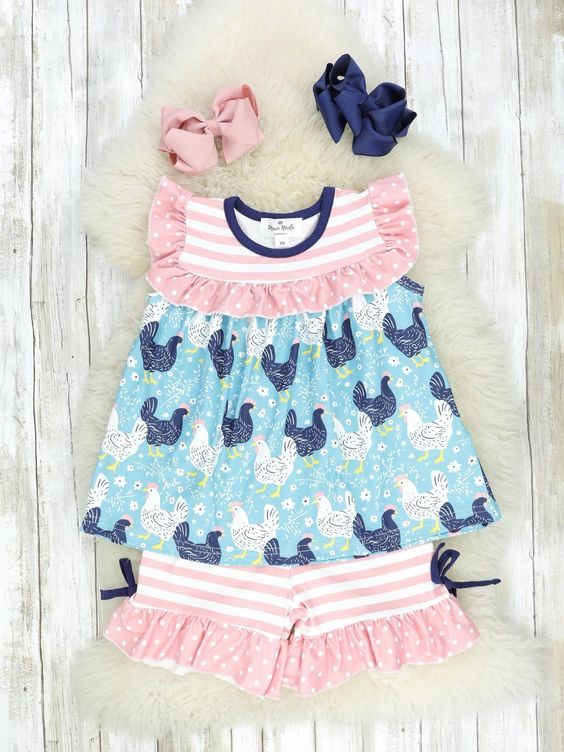 Baby Girls Summer Chicken Tunic Ruffle Shorts Clothes Sets preorder(moq 5)