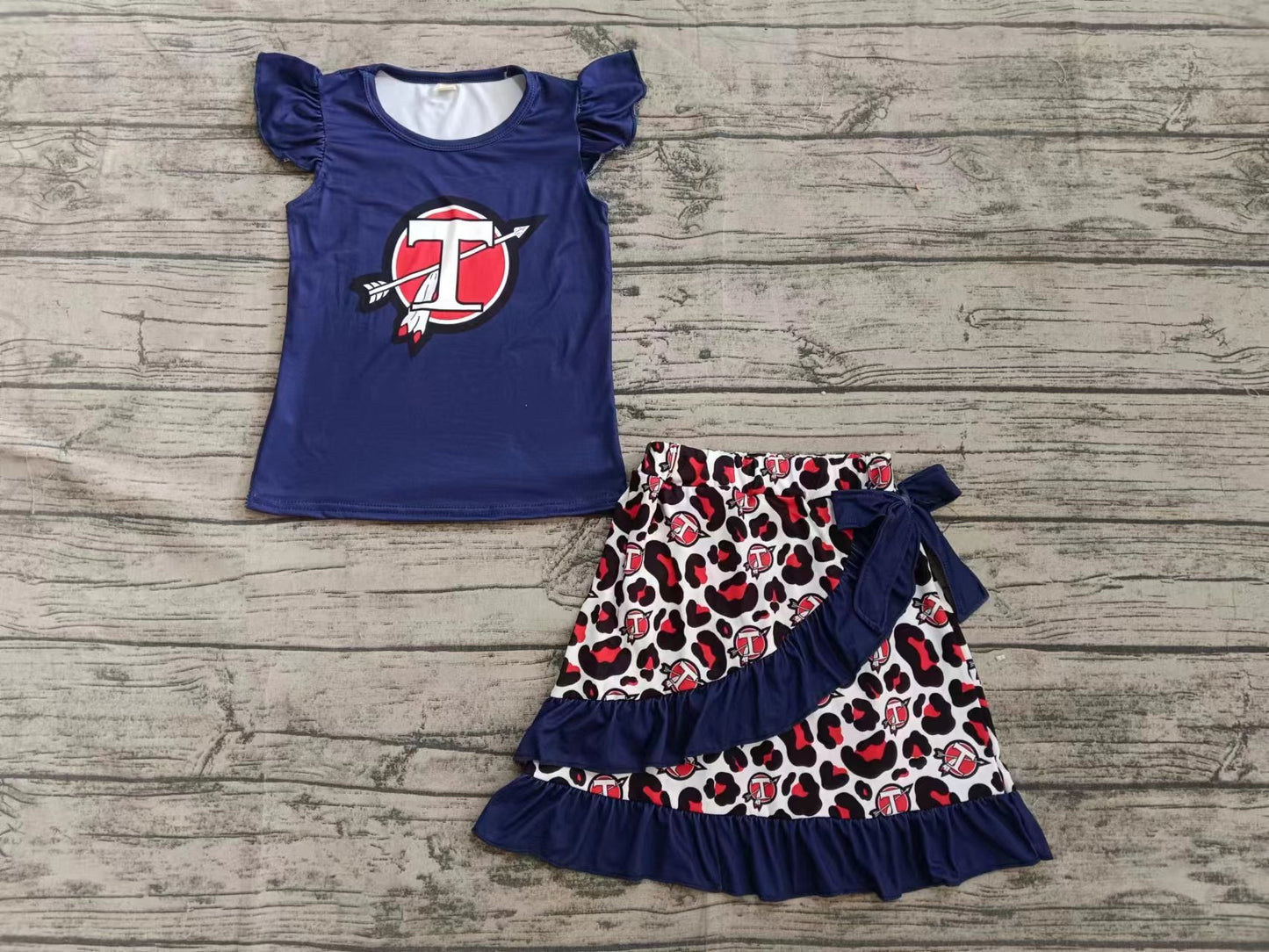 Preorder moq 5 Baby Girls Navy Flutter Sleeves T Top Leopard Ruffle Skirts Set