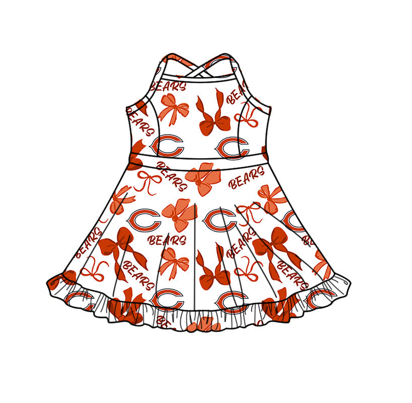 Preorder (moq 5)Baby Girls Bows Chicago Bears Team Short Ruffle Knee Length Dresses