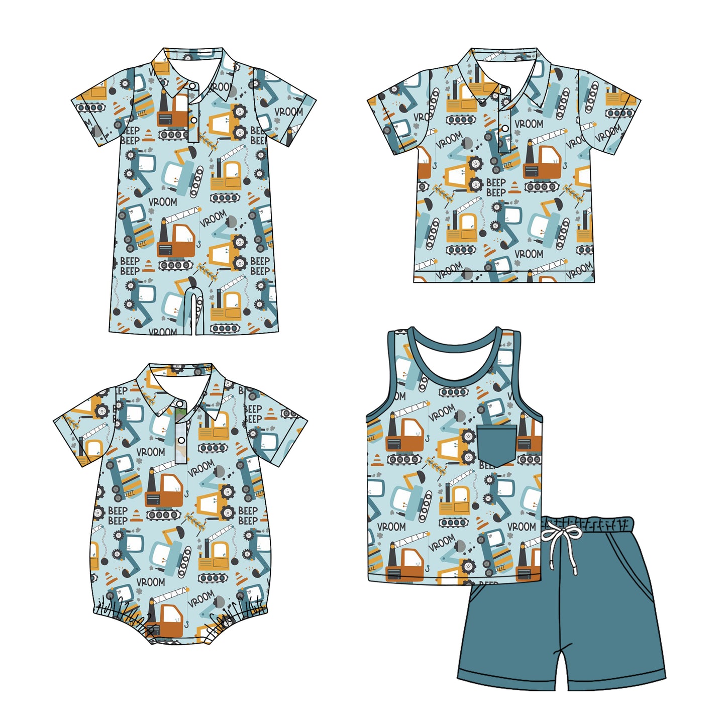 Preorder moq 5 Custom Baby Boys Blue Short Sleeves Excavators Button Top Short Set Polo Shirts And Rompers