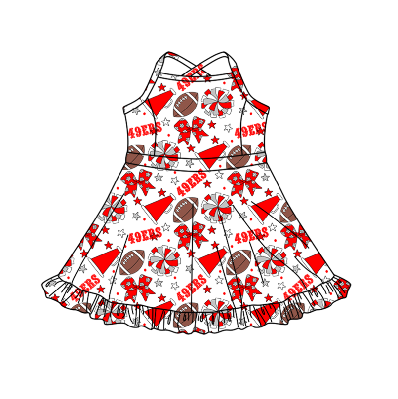 Preorder (moq 5)Baby Girls Strap Bows Stars Footballs Team Shorts Ruffle Knee Length Dress