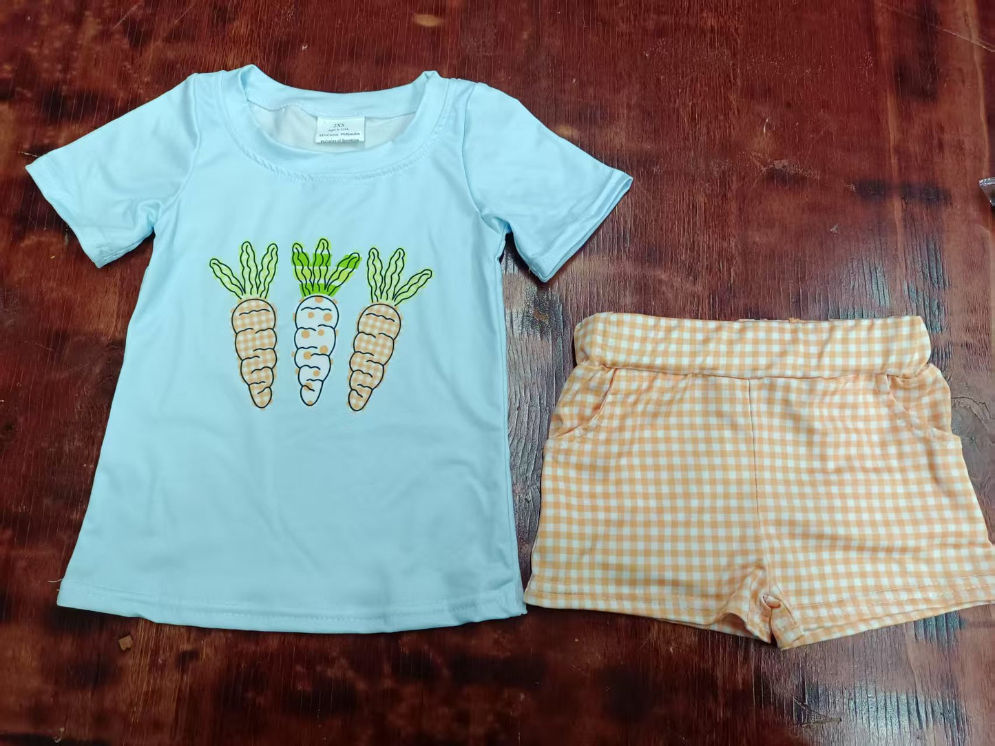 Preorder moq 5 Baby Boys Blue Short Sleeves Carrots Top Plaid Pockets Short Easter Set