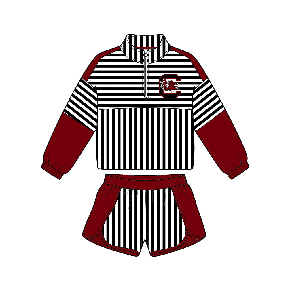 Preorder (moq 5)Baby Girls Black Stripe Gamecocks Zip Pullovers Short Team Clothes Set