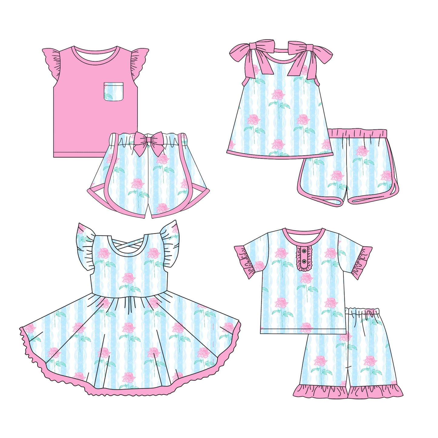 Preorder moq 5 Custom Baby Girls Pink Floral Stripe Top Short Sets Knee Length Dresses