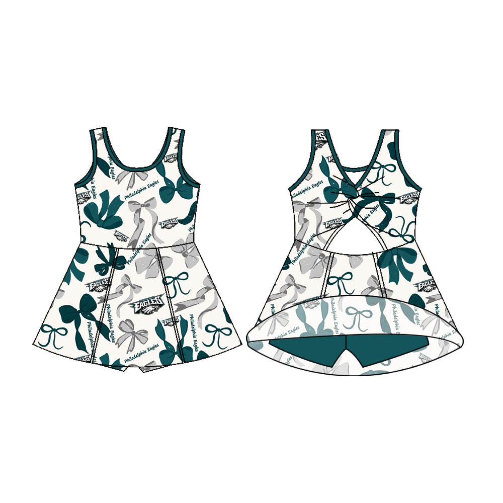 Preorder (moq 5)Baby Girls Sleeveless Philadelphia Eagles Bows Shorts Team Knee Length Dresses