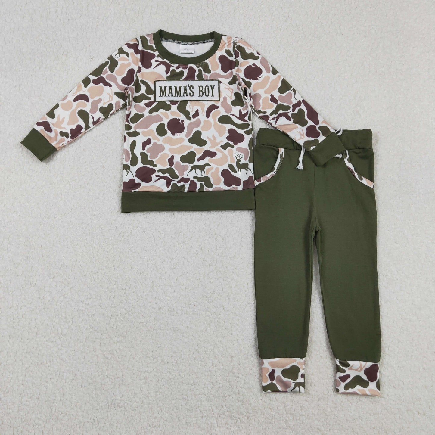 Embroidery Mama's Boy Baby Boys Deer Ducks Camo Pockets Jogger Clothes Sets