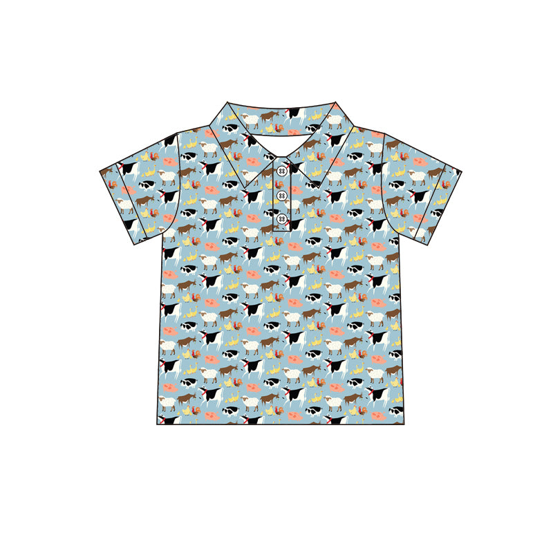 Preorder (moq 5)Baby Boys Blue Farm Animals Short Sleeve Buttons Tee Shirts Tops