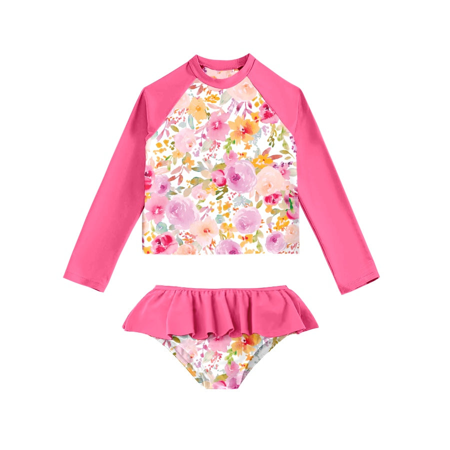 Baby Girls Hot Pink Flowers Long Sleeve Top 2pcs Swimsuits preorder(moq 5)