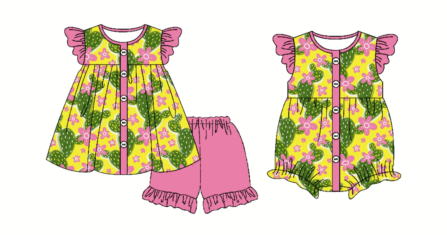 Preorder moq 5 Custom Baby Girls Pink Flutter Sleeves Cactus Flowers Button Tunic Ruffle Short Set Rompers