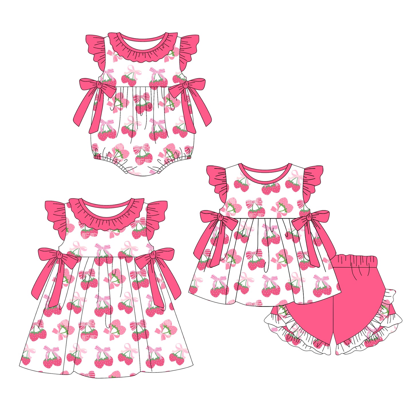 Preorder moq 5 Custom Baby Girls Pink Strawberry Bows Tunic Ruffle Short Sets Knee Length Dress Rompers