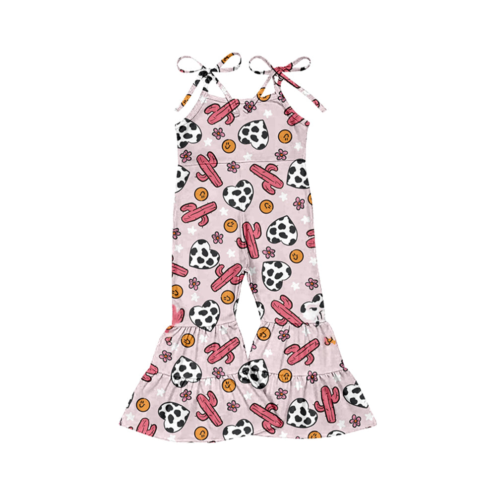 Preorder (moq 5)Baby Girls Pink Cactus Flowers Cow Print Hearts Bell Bottom Pants Jumpsuits