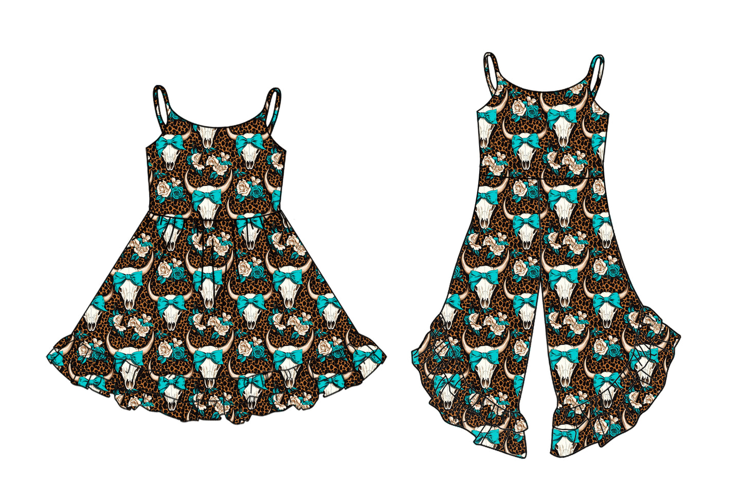 Preorder moq 5 Custom Baby Girls Strap Leopard Bull Skull Flowers Ruffle Jumpsuits Knee Length Dresses