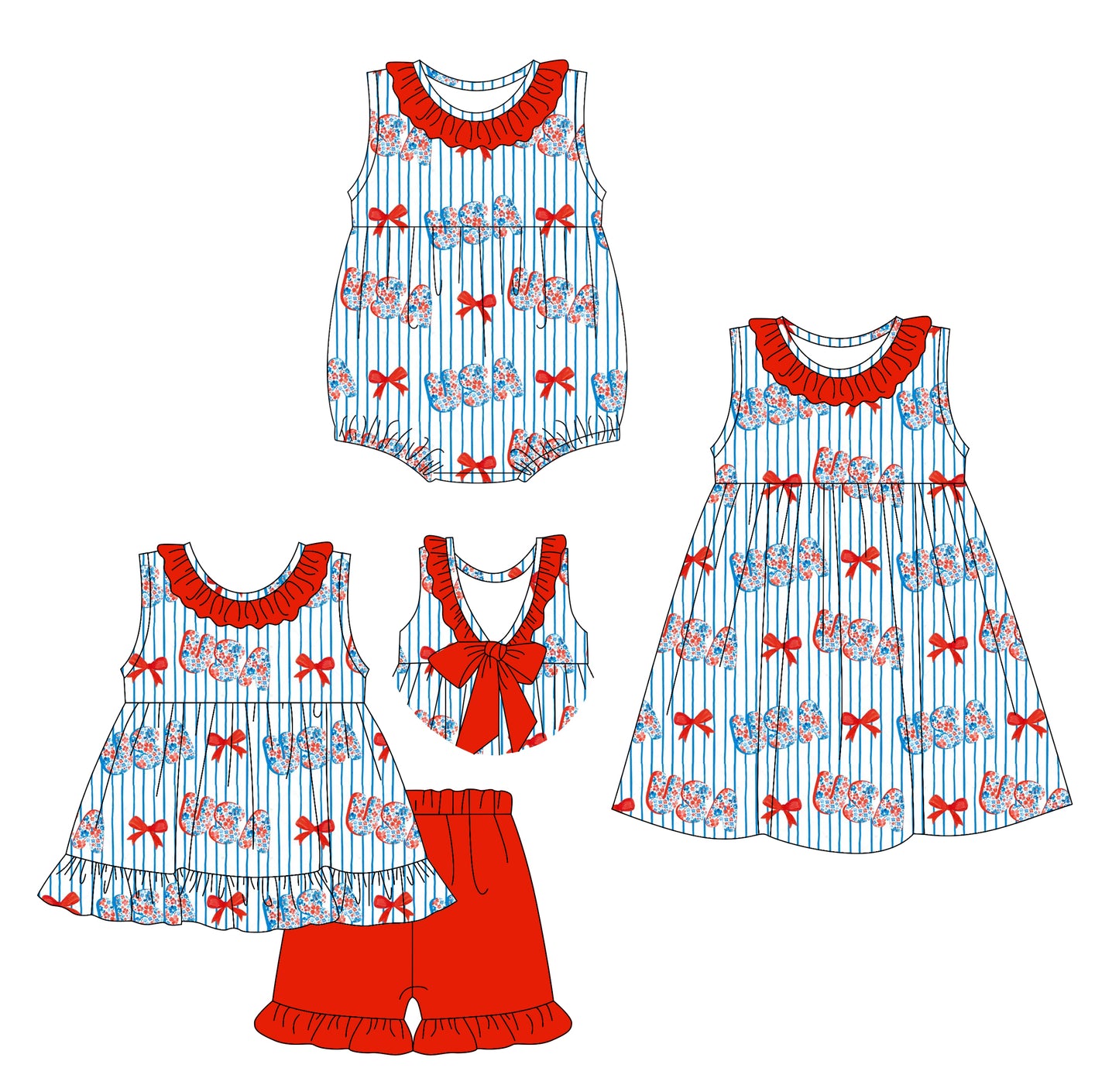 Preorder moq 5 Custom Baby Girls Sleeveless Blue Stripe Bows USA Tunic Red Ruffle Short 4th Of July Set Knee Length Dress Rompers