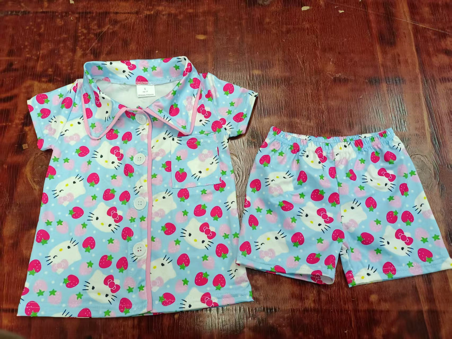 Preorder moq 5 Baby Girls Blue Short Sleeves Button Pocket Cartoon Hats Top Short Pajamas Set