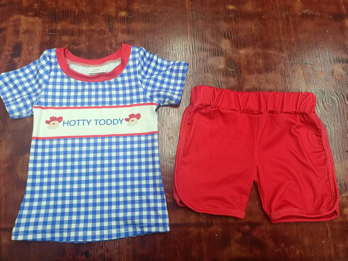 Preorder moq 5 Baby Girls Blue Plaid Short Sleeves Hotty Toddy Top Red Short Set