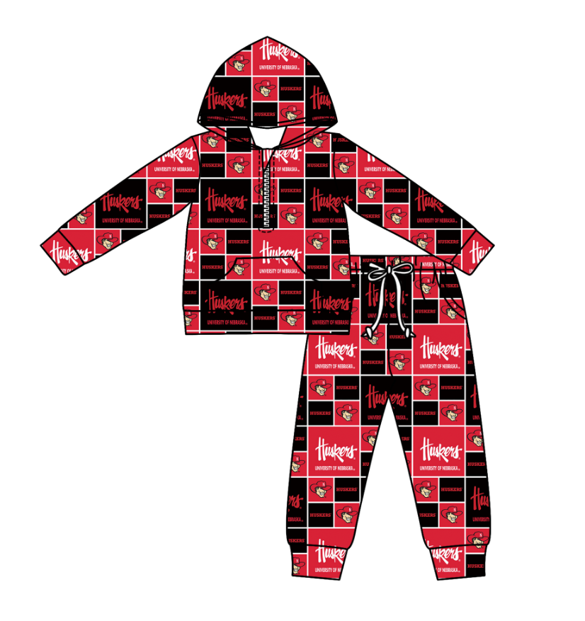 Preorder (moq 5)Baby Boys Huskers Checked Zipper Pockets Hoodies Pants Team Clothes Sets