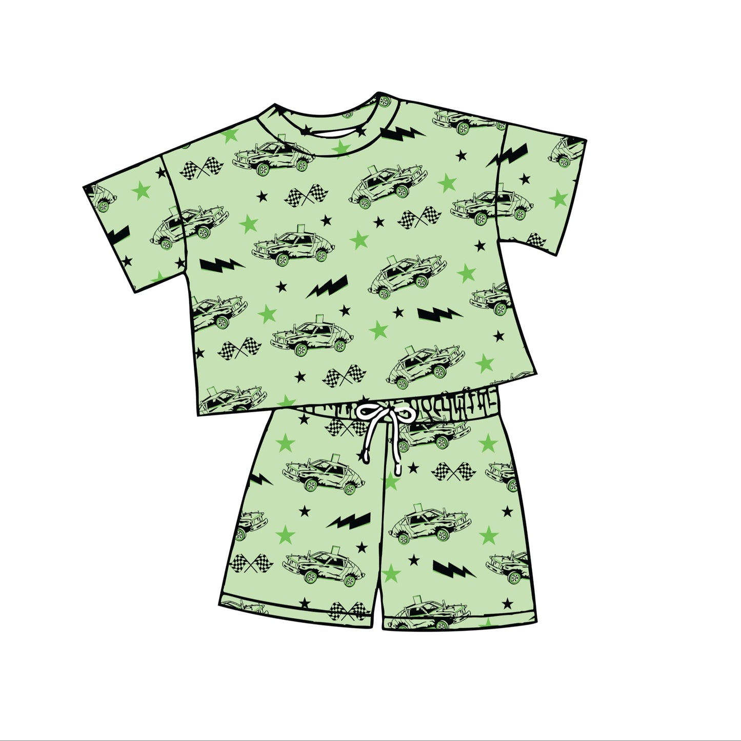 Preorder moq 5 Baby Boys Green Cars Top Shorts Outfits Clothes Sets