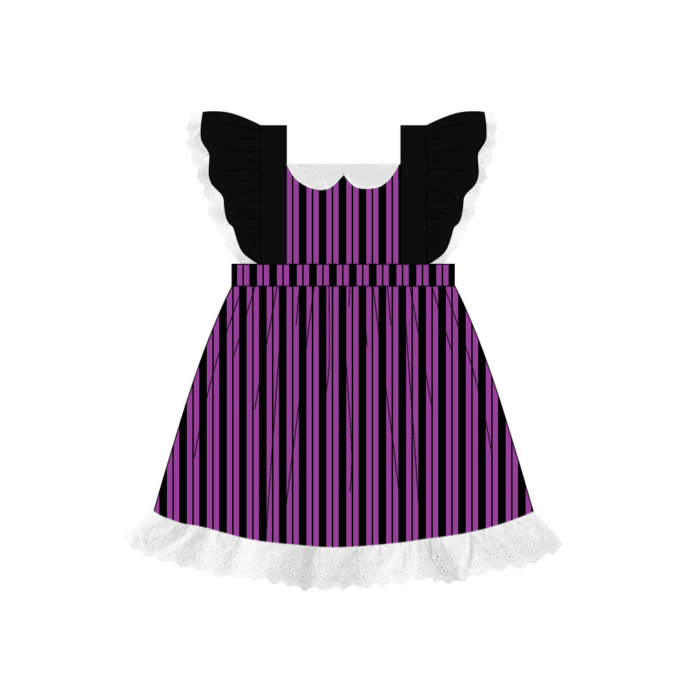 Preorder (moq 5)Baby Girls Black Flutter Sleeves Purple Stripes Lace Knee Length Dresses