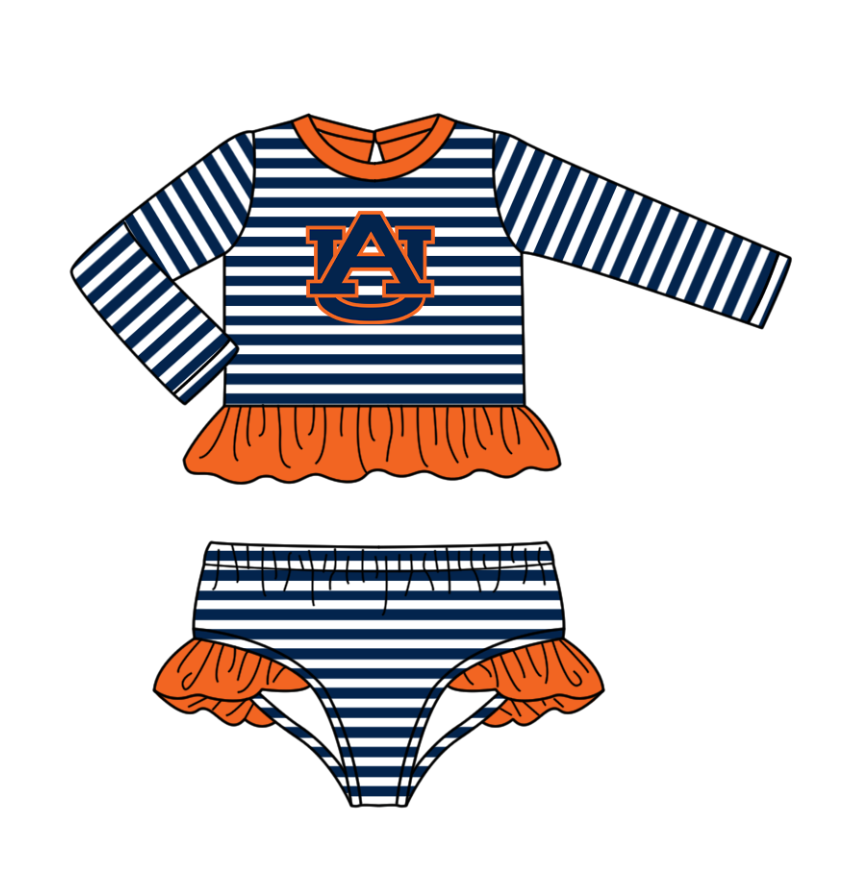 Preorder (moq 5)Baby Girls Blue Stripe AU Ruffle Top Bummies Team 2 Piece Swimsuits
