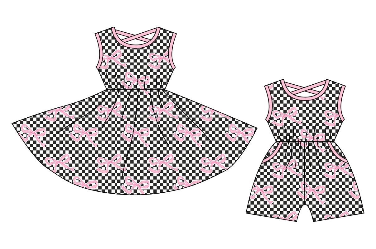 Preorder moq 5 Custom Baby Girls Pink Sleeveless Black Plaid Bows Knee Length Dress Pockets Jumpsuits